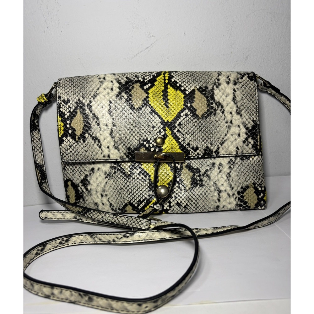 Faux Snakeskin Crossbody Bag Neon Yellow Grey Animal Print Flap Clutch Handbag